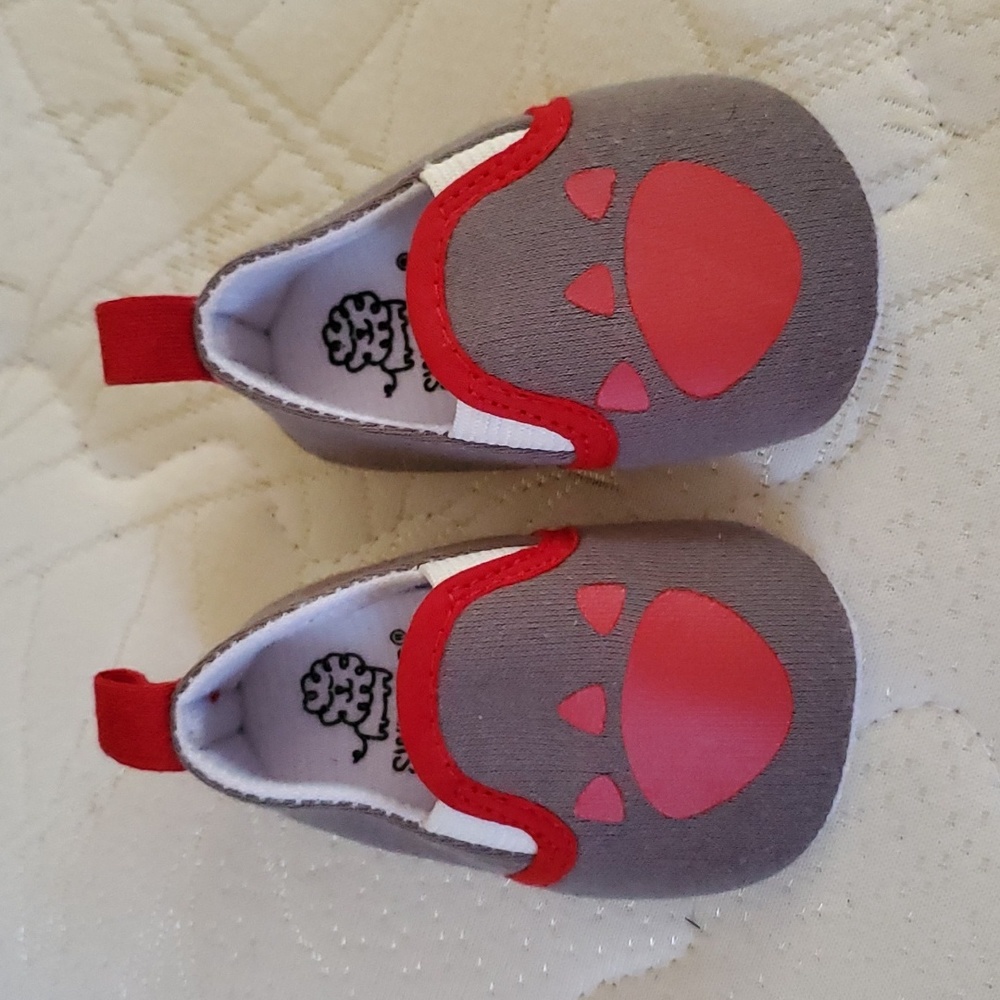 Swiggles, grey and red, dinosaur print, shoes, boys, baby, size 0-3 months